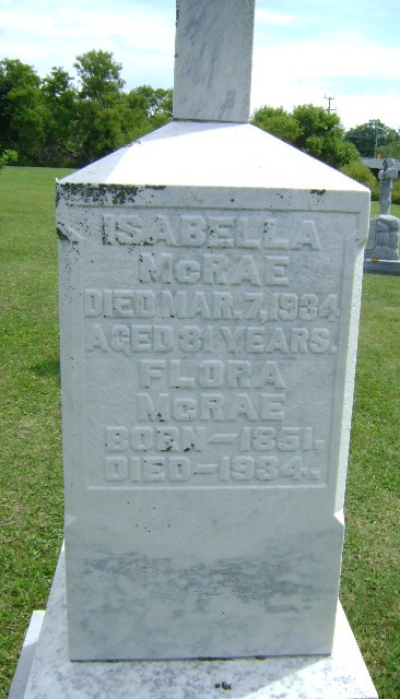 Photo of headstones/Flora McRae nee McLennan d1934 hdstn Beaverton St Jospephs cem ON